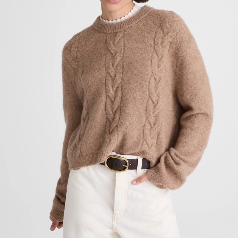 Madewell Crewneck Drop Shoulder Cable Knit Sweater Brown Taupe Super Soft Large